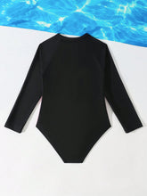Young Girls Contrast Color Zipper Half Placket Long Sleeve One-Piece Swimsuit For Vacation